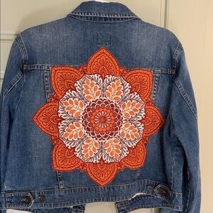 Denim Jacket with Stitched Orange Design
